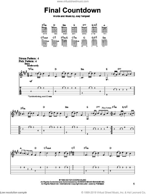 Final Countdown sheet music (easy) for guitar solo (easy tablature)