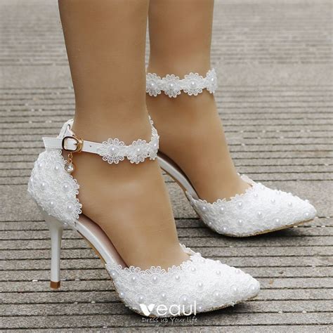 Charming Ivory Wedding Shoes 2018 Lace Rhinestone Pearl Ankle Strap 9 ...