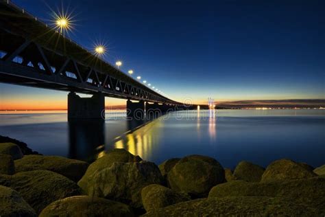 The Oresund Bridge between Denmark and Sweden at Night Stock Image ...