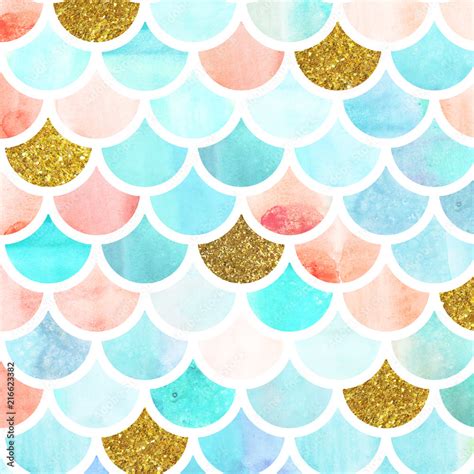 Mermaid scales. Watercolor fish scales. Bright summer pattern with ...