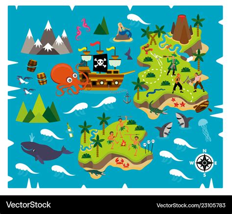 Cartoon pirate map treasure travel adventure Vector Image