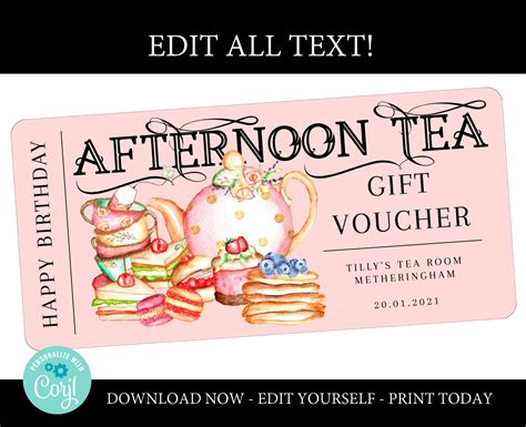 Afternoon tea gift voucher printable editable template high | Etsy