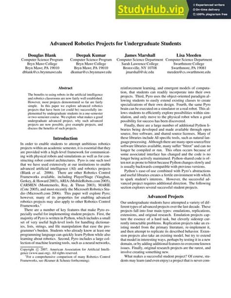 Advanced Robotics Projects For Undergraduate Students | PDF