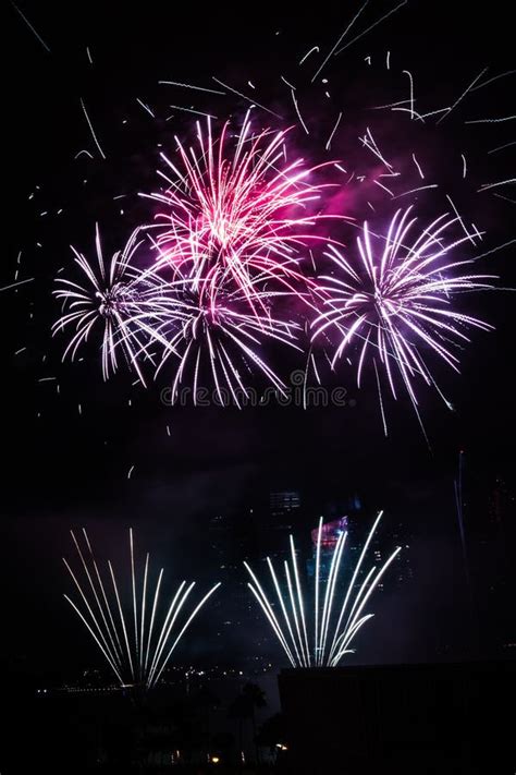 Fireworks Display at Night Against Marina Bay Skyscraper Stock Image ...