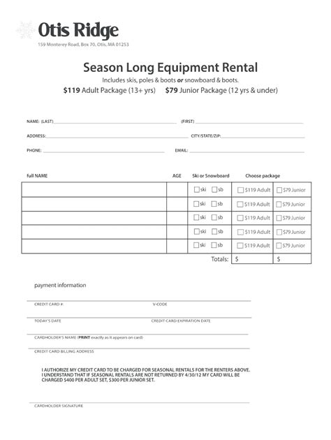 Fillable Online Season Long Equipment Rental - Otis Ridge Fax Email ...