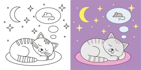 Sleeping cute cat kid poster and coloring page. Funny cartoon animal ...