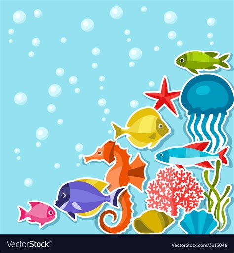 Marine life sticker background with sea animals Vector Image