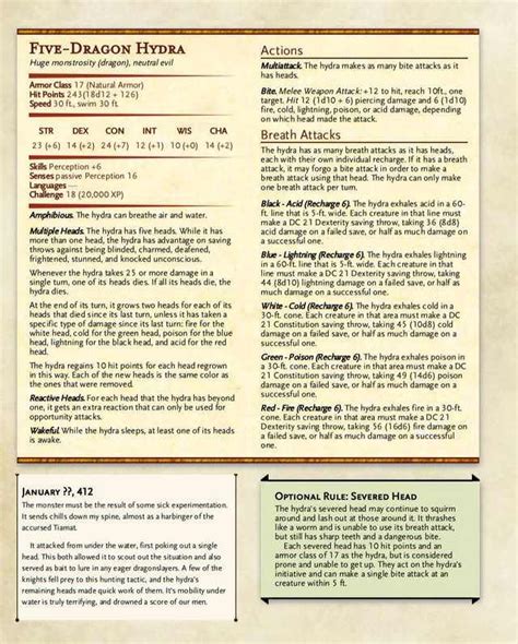 Five-Dragon Hydra | Dnd stats, Dnd monsters, Dungeons and dragons homebrew