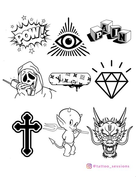 Tattoo flash sheet | Tattoo flash sheet, Tattoo catalog, Mini drawings