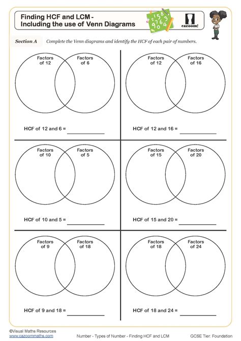 Finding HCF and LCM - Including the Use of Venn Diagrams Worksheet ...