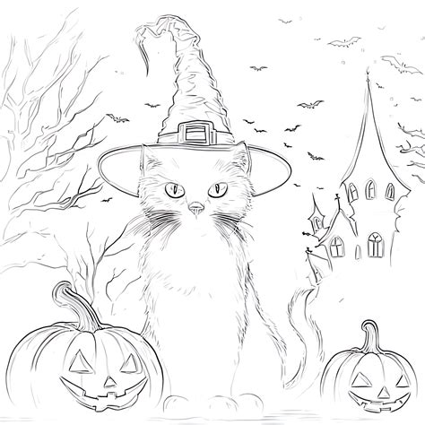 Printable Halloween Cat Coloring Page - Mimi Panda