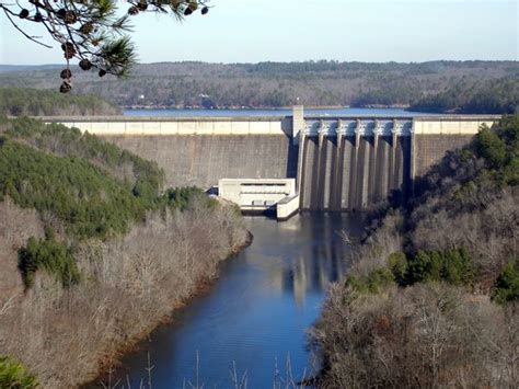 a large dam in the middle of a river surrounded by trees and shrubs ...