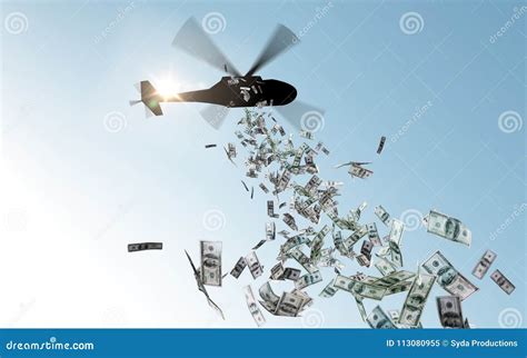 Helicopter Is Dropping Money. Financial Stimulus In Economy. 3D ...