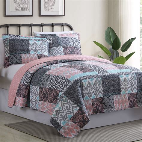 Modern Threads Cotton 3 Piece Recersible Quilt Set, Sylvia Printed ...