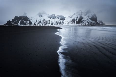 Landscape, Mountains, Sea, Monochrome, Black Sand, - Black Beach ...