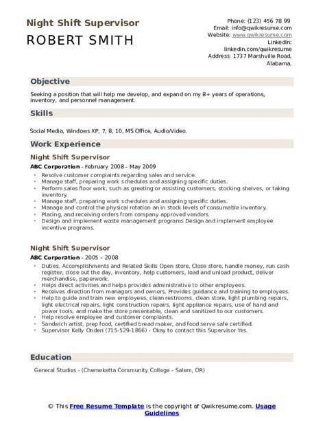 Night Shift Supervisor Resume Samples | QwikResume