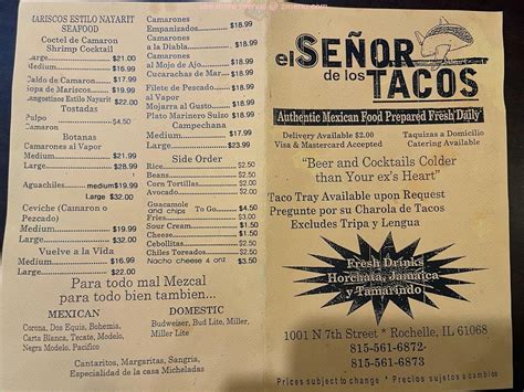 Menu at El Señor De Los Tacos restaurant, Rochelle