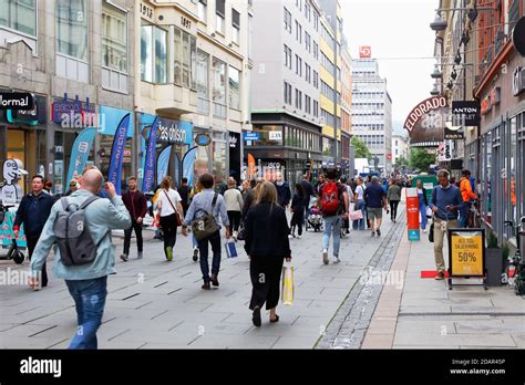 Oslo, Norway - June 20, 2019: People at the Torggata shopping ...