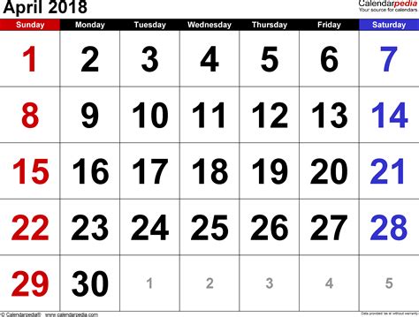 April 2018 - calendar templates for Word, Excel and PDF