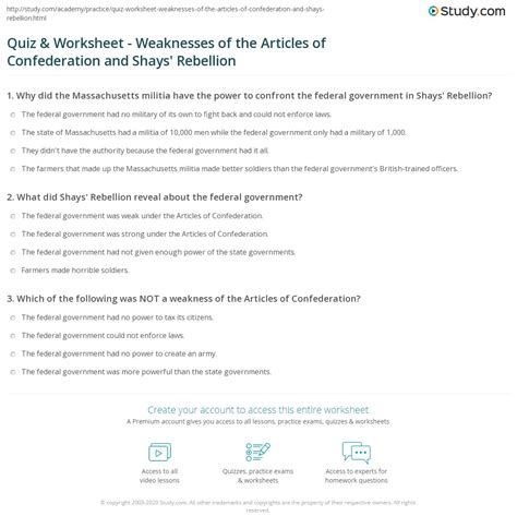 Quiz & Worksheet - Weaknesses of the Articles of Confederation and ...