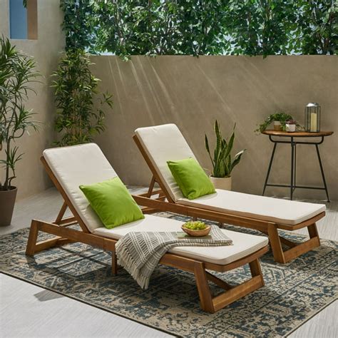 Cullen Outdoor Acacia Wood Chaise Lounge and Cushion Sets, Set of 2 ...