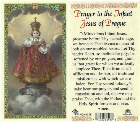 prayer to the Infant Jesus of Prague, laminated prayer card