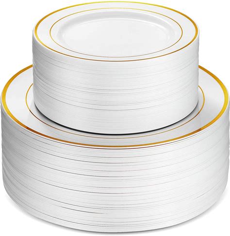 100pc. Plastic Party Plates White Gold Rim, 50 Premium 10.25in. Dinner ...