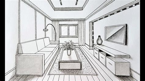 How to draw a living room in one point perspective - YouTube | One ...