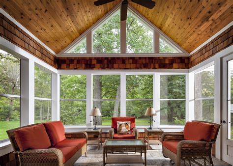 Screen porch with knotty pine ceiling, cedar shake accents and slate ...