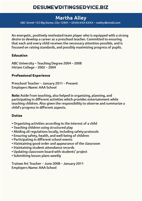 Preschool Teacher Resume Sample