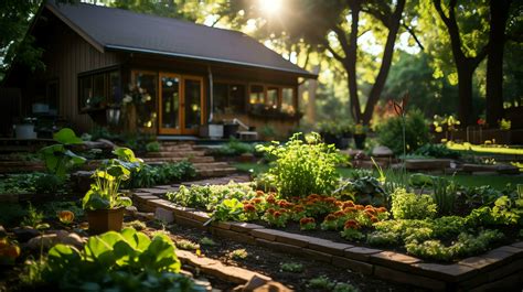 Wooden house in village with plants and flowers in backyard garden ...