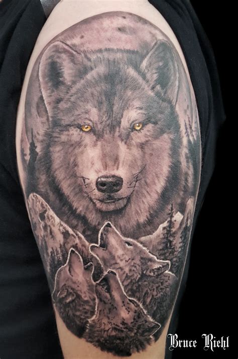 Black and grey wolf shoulder tattoo by Bruce Riehl | Neck tattoo, White ...