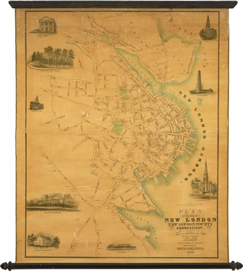 1850 wall map of New London, Connecticut - Rare & Antique Maps