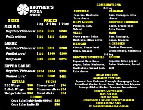 Menu at Brothers Pizza pizzeria, Mazatlán