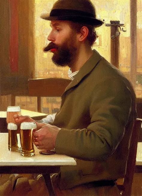 a man drinking a beer at a restaurant, a computer on | Stable Diffusion ...