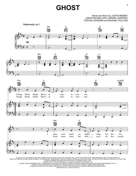 Ghost by Justin Bieber Sheet Music for Piano, Vocal & Guitar Chords ...