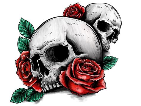 Skull with flowers, with roses. Drawing by hand. . Illustration #5 ...