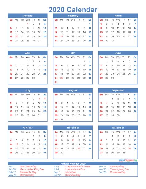 Free Printable 12 Month Calendar 2020 with Holidays | Free Printable ...