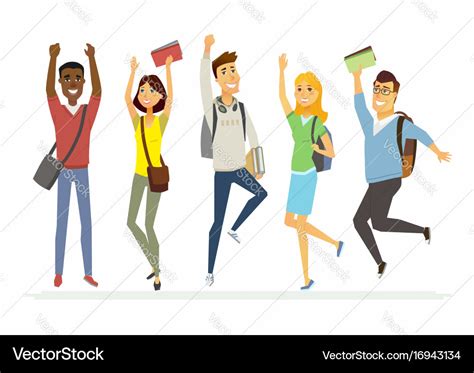 Happy jumping senior school students - cartoon Vector Image