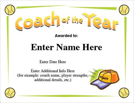 Coach of the Year Certificate - Softball Award Template