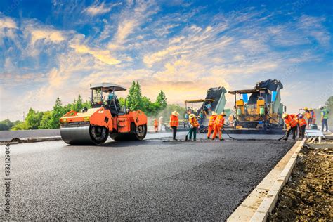 Construction site is laying new asphalt road pavement,road construction ...