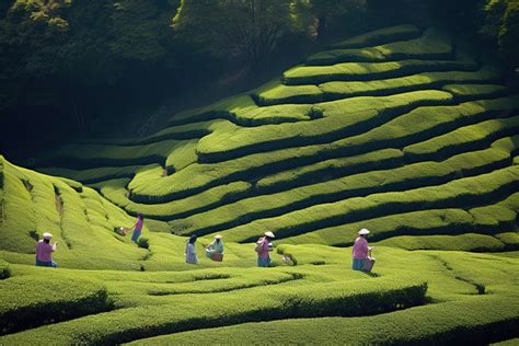 People Walk Through A Plantation Of Green Tea Bushes Background, High ...