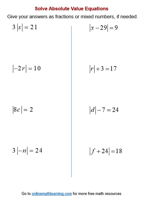 Absolute Value Equation Worksheets (printable, online, answers, examples)