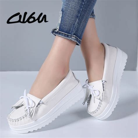 O16U 2018 Women Flat Platform Shoes Tassel Genuine Leather Moccains ...