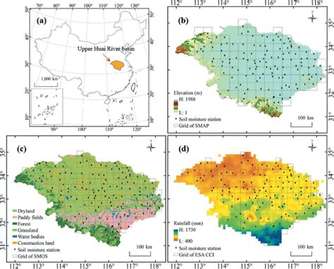 (a) Location of the upper Huai River basin in China; (b) elevation of ...