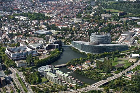 Aerial view of the European Parliament building in Strasbourg (2011 ...