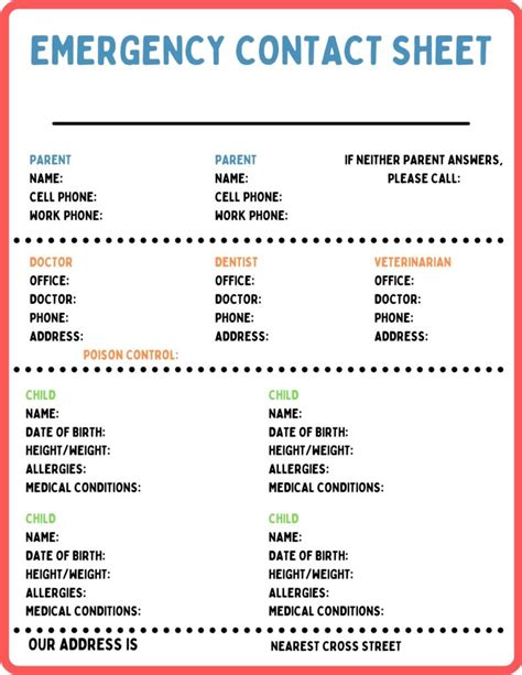 Emergency Contact Sheet For Babysitters - Printable Template - These ...