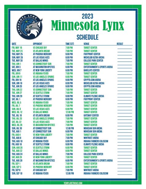 Printable2023 Minnesota Lynx Basketball Schedule