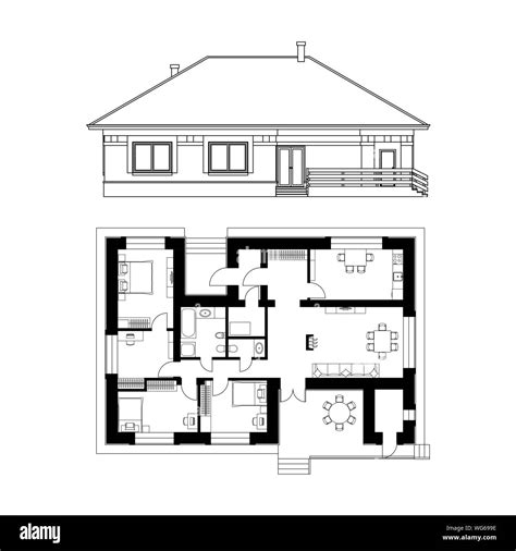 Architectural project of a house. Drawing of the facade and floor plan ...