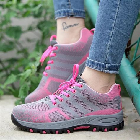 Women's Pink Mesh Upper Lace Up Puncture Proof Anti-Smashing Steel Toe ...